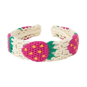 Handmade crochet strawberry headband in cream white with hollow knit pattern for women