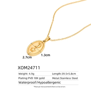 Macro view of PVD 18K gold stainless steel necklace with moon and star pendant