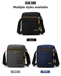 Oxford fabric crossbody bags shown in black, grey, and blue with fashion sport style labels