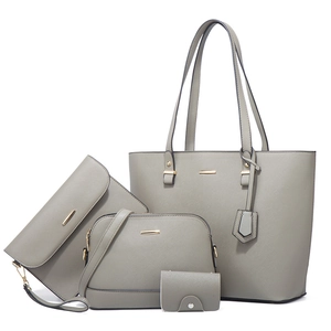 Gray 4-piece fashion handbag set including tote, crossbody bag, clutch and card holder