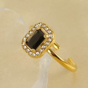 18K gold plated stainless steel ring with rectangular black zircon and pavé diamonds