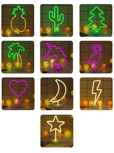 Collage of colorful LED neon desk lamps in cactus, flamingo and pineapple shapes