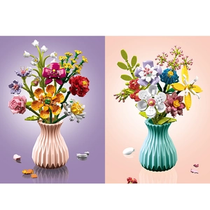 Educational building block flower bouquet model toy featuring rose and lily of the valley