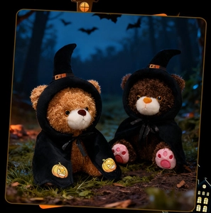 Detail of Halloween teddy bears wearing wizard hats and capes in a spooky forest setting