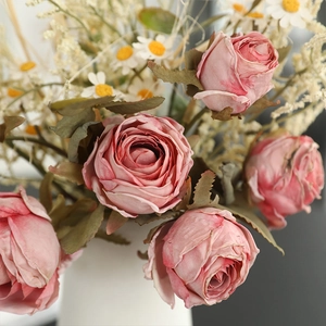 Pink rose and daisy artificial flower bouquet in white vase for vintage home decor