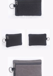 Detail of canvas coin purse showing zipper closure and sturdy metal keychain ring hook