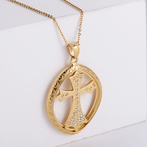 Vintage gold-plated titanium steel cross necklace set with sparkling crystal accents