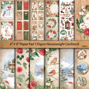 12 sheets of 6x6 inch vintage Christmas scrapbooking paper with winter floral and animal patterns