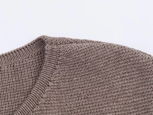 Detail of the high-quality stitching and ribbed neckline on this brown knit cardigan