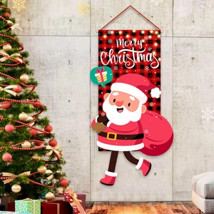 Christmas santa claus banner with red and black plaid pattern for home holiday wall decor