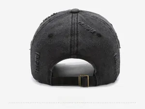 Rear view of washed black distressed baseball cap with bronze metal adjustable buckle