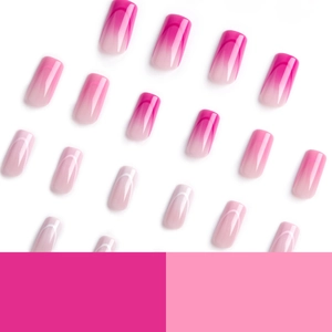 Pink and purple gradient press-on nails with minimalist four-color line design and glossy finish