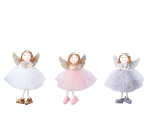 Three plush angel ornaments in white, pink and grey with glitter wings for Christmas