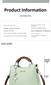 Detailed size specifications for light green PU leather handbag showing 25x12x20cm dimensions