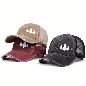 Casquettes trucker vintage en maille avec broderie trois arbres en kaki, bordeaux et noir