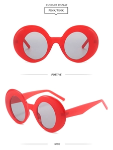 Detailed front and side view of oversized round fashion sunglasses with red frames and gray lenses