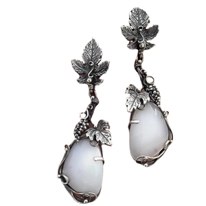 Vintage silver vine leaf earrings with white teardrop opal stones for women