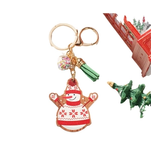 Cute wooden snowman keychain with green tassel and star charm for Christmas decor