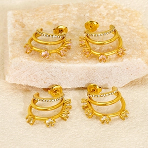 Boucles D'oreilles Créoles À Plusieurs Couches En Acier Inoxydable Plaqué Or 18K Avec Zircon Design Géométrique Mode Femmes