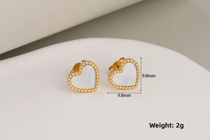 Detail view of heart stud earrings with shell inlay and beaded edges, 9.8mm, weight 2g
