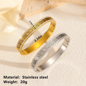 Gold and silver stainless steel Greek key bracelets with double-row zirconia stones