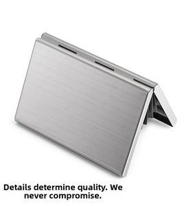 Detail of multi-tier stainless steel credit card holder with a brushed metal finish