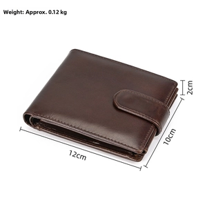 Detailed view of genuine leather bifold wallet measuring 12cm x 10cm x 2cm with snap closure