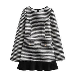 Robe Courte En Tweed Pied De Poule Manches Longues Col Rond Ourlet Plissé Boutons Dorés Élégante Automne Hiver