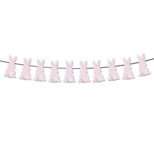 Pink Easter bunny banner with white plush pom-pom tails for festive party decoration