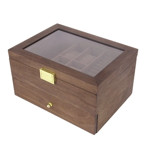 Boîte à montres double couche en bois de noyer avec couvercle en verre et dorures