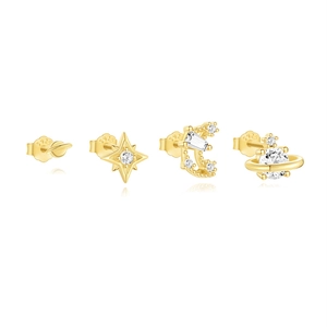 Detailed view of four gold S925 sterling silver studs with celestial star and moon motifs