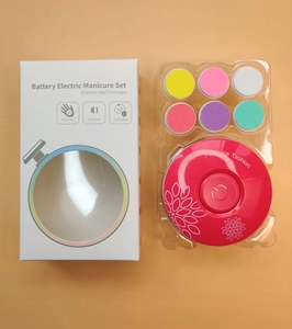 Pink electric nail trimmer set with six colorful grinding heads in a retail packaging box