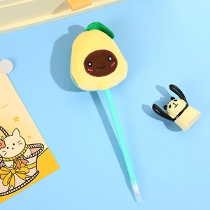 Cute avocado plush ballpoint pen with embroidered face on a light blue background