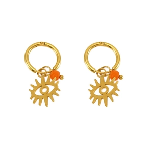 Detailed view of gold stainless steel evil eye earrings with orange bead accents