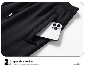 Detail of men's casual joggers showing deep zipper side pocket and elastic drawstring waist