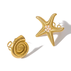 18K gold plated starfish and shell rings with pearls for women beach vacation style