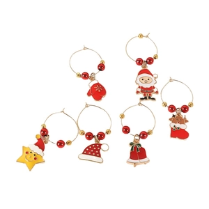 Set of 6 Christmas wine glass charms with alloy holiday pendants on white background