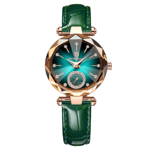 Elegant emerald green quartz watch with rose gold case and faceted glass for women