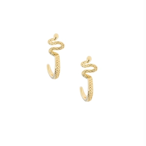 Detailed view of golden snake-shaped earrings with intricate textured scale patterns