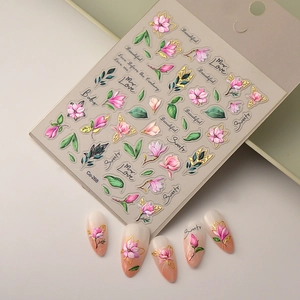 3D embossed floral nail art stickers with gold foil outlines and pink flowers
