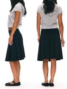 Dual-view display of black pleated midi skirt showing side and back angles on model