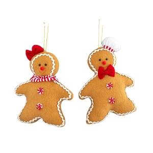 Two-piece set of gingerbread man plush ornaments with gold hanging ropes and holiday decor