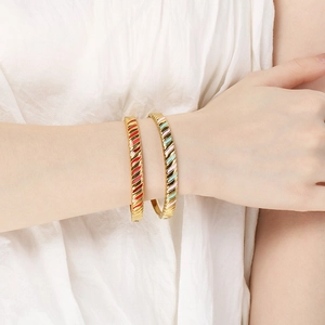 LONE 18K gold plated stainless steel bangles with colorful enamel stripes on model