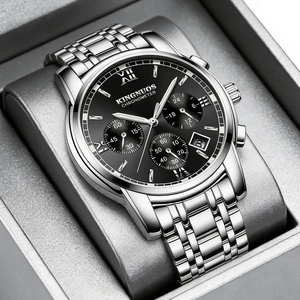 KINGNUOS Luxury Men Quartz Watch Stainless Steel Band Leather Strap Luminous Calendar Business Fashion Dress Wristwatch