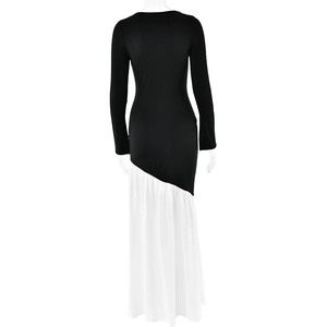 Detailed back view of a slim fit long sleeve maxi dress with black and white color block