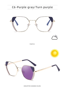 Detail showing cat-eye metal frame photochromic lenses changing from clear to purple