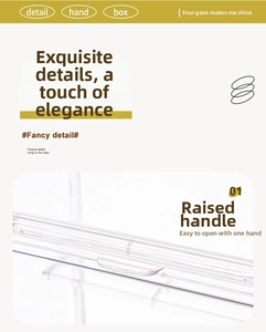 Detail of protruding handle on transparent display box for easy one-handed opening