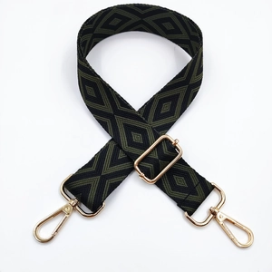 Adjustable dark green and black geometric rhombus embroidery wide shoulder strap with gold clips