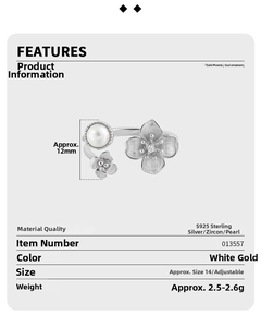 Macro detail of S925 sterling silver flower ring with white pearl and zircon stone