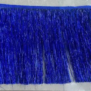 Close-up of 20cm royal blue metallic tinsel fringe trim for performance costumes